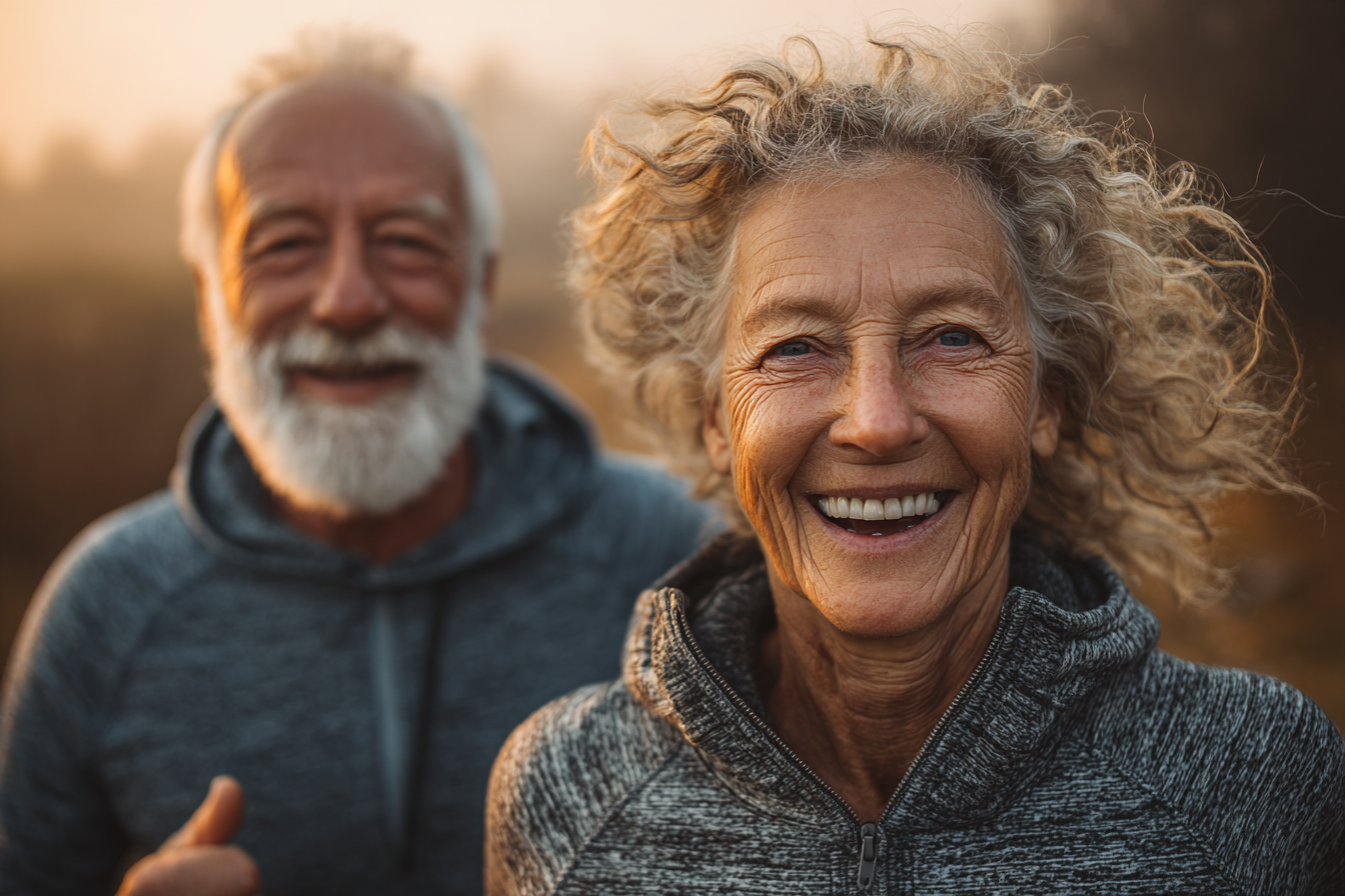Възрастни хора правят групови упражнения в парк
